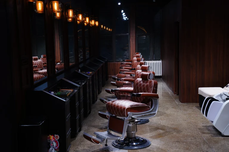 Interior of The Upper Seat men’s grooming club in the Garment District, Manhattan